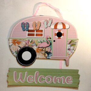 Retro Camper Welcome Sign Pink Flamingo Flip Flops Tropical tiki Coastal